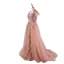 Luxury / Gorgeous Pearl Pink Evening Dresses  2020 A-Line / Princess U-Neck Tassel Handmade  Beading Rhinestone Lace Flower Sleeveless Sweep Train Formal Dresses
