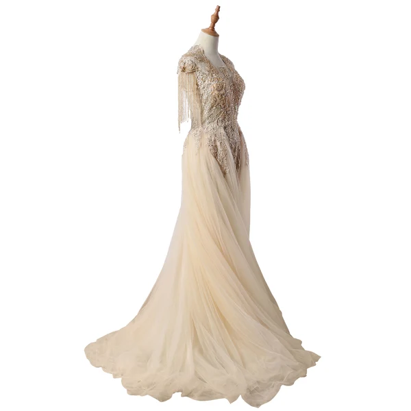 Luxe Élégant Beige Fait main Robe De Soirée 2020 Princesse U-Cou Perlage Gland Cristal Faux Diamant En Dentelle Fleur Sans Manches Dos Nu Train De Balayage Robe De Ceremonie