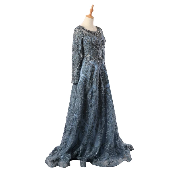 Vintage / Retro Luxury / Gorgeous Navy Blue Handmade  Beading Evening Dresses  2020 A-Line / Princess Scoop Neck Crystal Rhinestone Lace Flower Long Sleeve Backless Sweep Train Formal Dresses