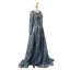 Vintage / Retro Luxury / Gorgeous Navy Blue Handmade  Beading Evening Dresses  2020 A-Line / Princess Scoop Neck Crystal Rhinestone Lace Flower Long Sleeve Backless Sweep Train Formal Dresses