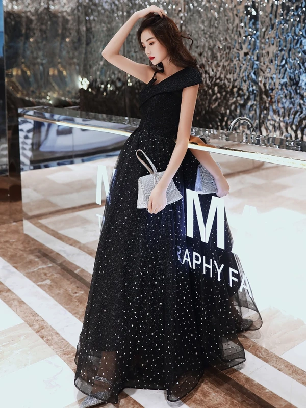 Fashion Black Evening Dresses 2020 A-Line / Princess One-Shoulder Star Sequins Sleeveless Backless Floor-Length / Long Formal Dresses