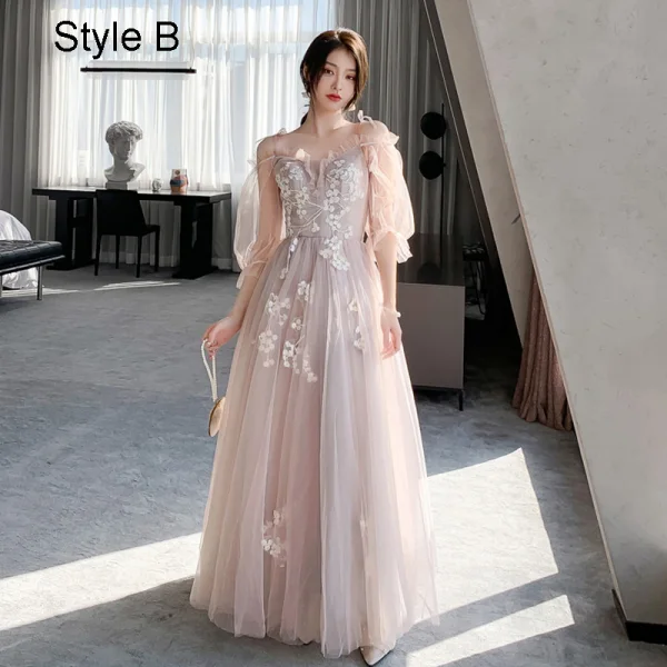 Fashion Blushing Pink Lace Flower Bridesmaid Dresses 2021 A-Line / Princess Spaghetti Straps Short Sleeve Backless Floor-Length / Long Bridesmaid Wedding Party Dresses
