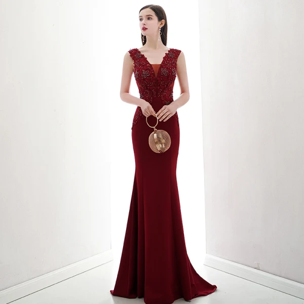 Chic / Beautiful Burgundy Evening Dresses  2020 Trumpet / Mermaid V-Neck Beading Rhinestone Lace Flower Sleeveless Backless Sweep Train Formal Dresses