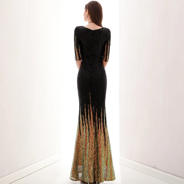 Charming Black Gold Evening Dresses  2020 Trumpet / Mermaid V-Neck Sequins 1/2 Sleeves Floor-Length / Long Formal Dresses
