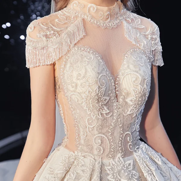 Luxury / Gorgeous Champagne Glitter Wedding Dresses 2020 A-Line / Princess Scoop Neck Beading Tassel Rhinestone Lace Flower Short Sleeve Backless Royal Train