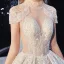 Luxury / Gorgeous Champagne Glitter Wedding Dresses 2020 A-Line / Princess Scoop Neck Beading Tassel Rhinestone Lace Flower Short Sleeve Backless Royal Train