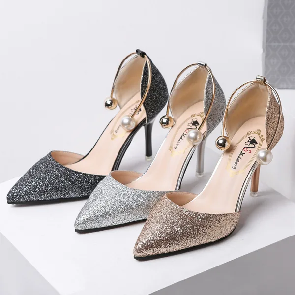 Affordable Black Evening Party Womens Shoes 2020 Sequins 8 cm Stiletto Heels Pointed Toe High Heels