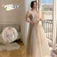 Chic / Beautiful Champagne Bridesmaid Dresses 2021 A-Line / Princess V-Neck Beading Pearl Sequins Lace Flower Short Sleeve Backless Floor-Length / Long Bridesmaid Wedding Party Dresses
