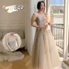 Chic / Beautiful Champagne Bridesmaid Dresses 2021 A-Line / Princess V-Neck Beading Pearl Sequins Lace Flower Short Sleeve Backless Floor-Length / Long Bridesmaid Wedding Party Dresses