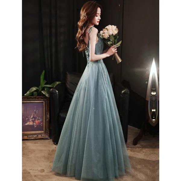 Charming Sage Green Glitter Prom Dresses 2021 A-Line / Princess Spaghetti Straps Rhinestone Sleeveless Backless Tea-length Evening Party Formal Dresses