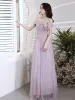 Chic / Beautiful Lavender Pearl Prom Dresses A-Line / Princess 2021 Off-The-Shoulder Sleeveless Backless Tea-length Prom Formal Dresses