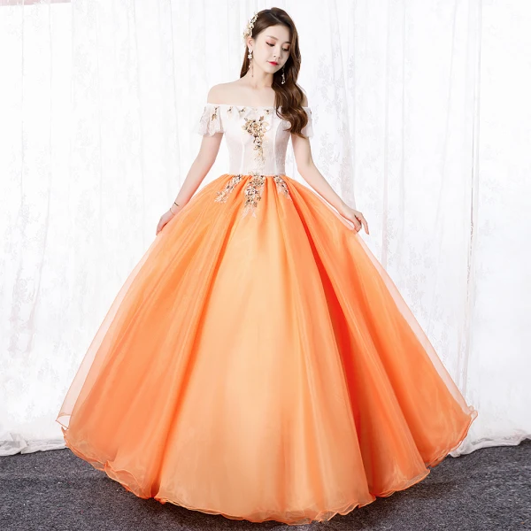Elegant Orange Prom Dresses 2020 A-Line / Princess Off-The-Shoulder Lace Flower Short Sleeve Backless Floor-Length / Long Formal Dresses