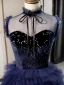 Fashion Navy Blue Homecoming Graduation Dresses 2020 A-Line / Princess Suede Bow High Neck Star Sequins Sleeveless Cascading Ruffles Knee-Length Formal Dresses