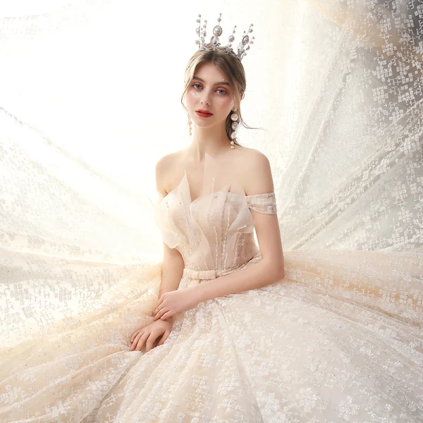 Charming Champagne Wedding Dresses 2020 A-Line / Princess Off-The-Shoulder Beading Bow Pearl Sequins Lace Flower Sleeveless Backless Court Train