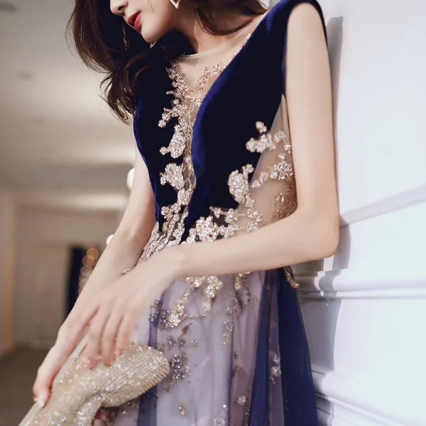 Elegant Navy Blue Beading Evening Dresses  Prom Dresses 2021 A-Line / Princess Scoop Neck Rhinestone Sequins Sleeveless Backless Floor-Length / Long Evening Party Formal Dresses