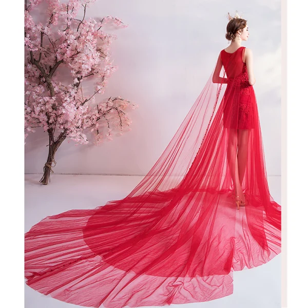 Charming Red Evening Dresses 2020 A-Line / Princess Scoop Neck Beading Sequins Lace Flower Sleeveless Cathedral Train Formal Dresses
