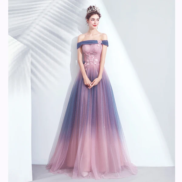Charmant Dégradé De Couleur Rougissant Rose Robe De Soirée 2020 Princesse De l'épaule Glitter Perlage Cristal Paillettes En Dentelle Fleur Sans Manches Dos Nu Longue Robe De Ceremonie