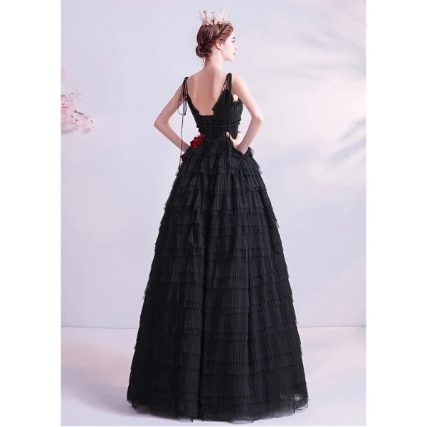 Chic Noire Volants Robe De Bal 2020 Princesse Bretelles Spaghetti Appliques Sans Manches Dos Nu Longue Robe De Ceremonie