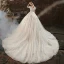 Elegante Champagner Ballkleid Brautkleider / Hochzeitskleider 2020 Eckiger Ausschnitt Perlenstickerei Pailletten Applikationen Kurze Ärmel Rückenfreies Kathedrale Schleppe