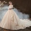 Charmant Champagner Brautkleider / Hochzeitskleider Ballkleid 2020 V-Ausschnitt Perlenstickerei Pailletten Spitze Blumen Lange Ärmel Rückenfreies Kathedrale Schleppe