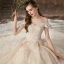 Charmant Champagne Robe De Mariée 2020 Princesse Encolure Dégagée Perlage Paillettes En Dentelle Fleur Manches Courtes Dos Nu Cathedral Train