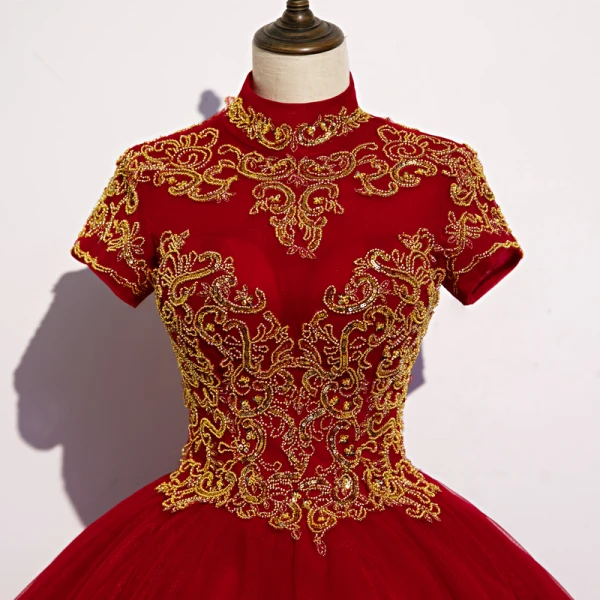 Elegant Burgundy Prom Dresses 2020 Ball Gown High Neck Beading Sequins Short Sleeve Backless Floor-Length / Long Formal Dresses
