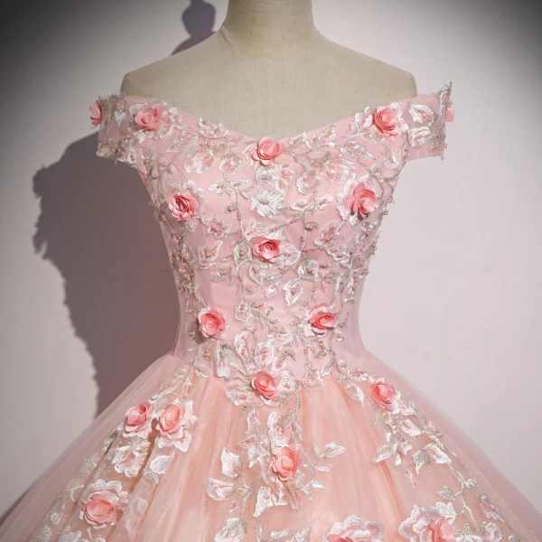 Chic / Beautiful Blushing Pink Prom Dresses 2020 Ball Gown Off-The-Shoulder Beading Pearl Appliques Lace Flower Short Sleeve Backless Floor-Length / Long Formal Dresses
