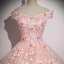 Chic / Beautiful Blushing Pink Prom Dresses 2020 Ball Gown Off-The-Shoulder Beading Pearl Appliques Lace Flower Short Sleeve Backless Floor-Length / Long Formal Dresses