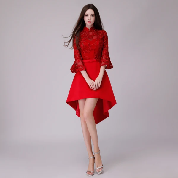 Chic / Belle de retour Kaki Robe De Graduation 2018 Princesse Noeud En Dentelle Asymétrique Col Haut 3/4 Manches Robe De Ceremonie