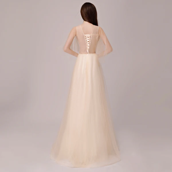 Chic / Beautiful Champagne Evening Dresses 2018 A-Line / Princess Metal Sash V-Neck Backless 1/2 Sleeves Floor-Length / Long Formal Dresses