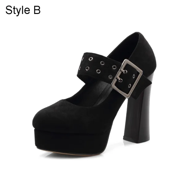Mode Noire Vêtement de rue Boucle Escarpins 2021 11 cm Talons Épais Imperméables À Bout Pointu Escarpins