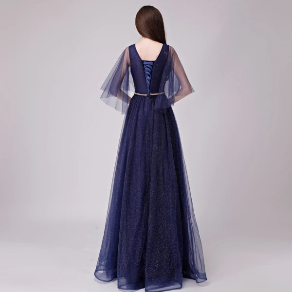 Chic / Belle Bleu Marine Robe De Soirée 2018 Princesse Glitter Métal Ceinture V-Cou Dos Nu 1/2 Manches Longue Robe De Ceremonie