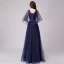 Chic / Belle Bleu Marine Robe De Soirée 2018 Princesse Glitter Métal Ceinture V-Cou Dos Nu 1/2 Manches Longue Robe De Ceremonie