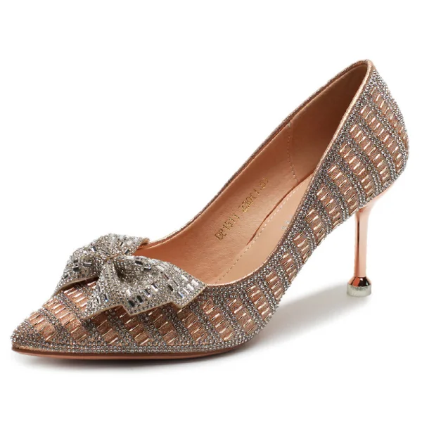Charmant Silber Kristall Brautschuhe 2020 Strass Schleife 8 cm Stilettos Spitzschuh Hochzeit Pumps