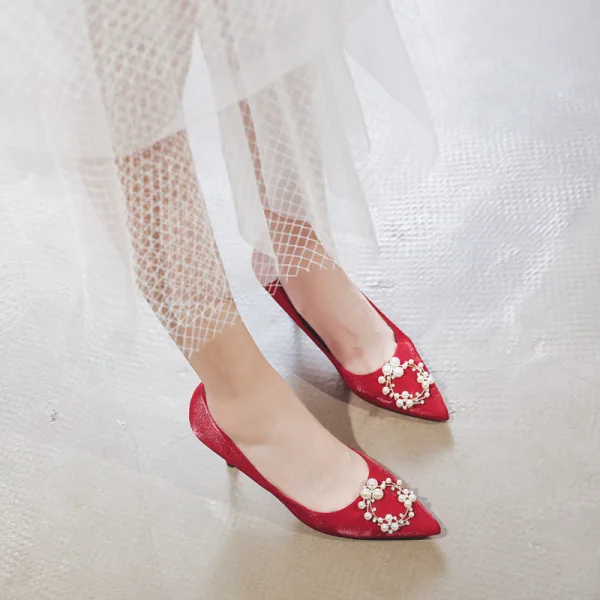 Chinese style Red Wedding Shoes 2020 Pearl 8 cm Stiletto Heels Pointed Toe Wedding Pumps