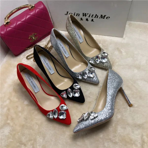 Stijlvolle Zilveren Avond Rhinestone Pumps 2020 Leer Pailletten 8 cm Naaldhakken / Stiletto Spitse Neus Pumps