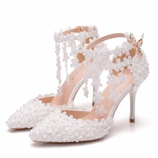 Charming Ivory Wedding Shoes 2020 Ankle Strap Pearl Lace Flower 9 cm Stiletto Heels Pointed Toe Wedding Pumps