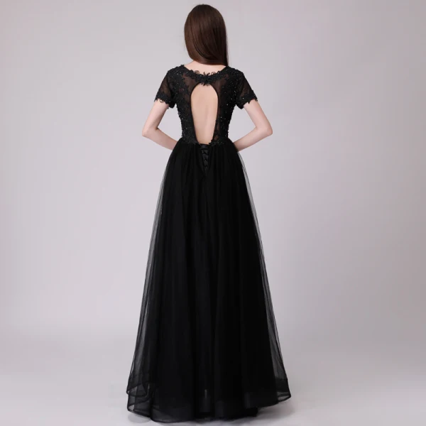 Chic / Belle Noire Robe De Soirée 2018 Princesse En Dentelle Appliques Paillettes Encolure Dégagée Dos Nu Manches Courtes Longue Robe De Ceremonie