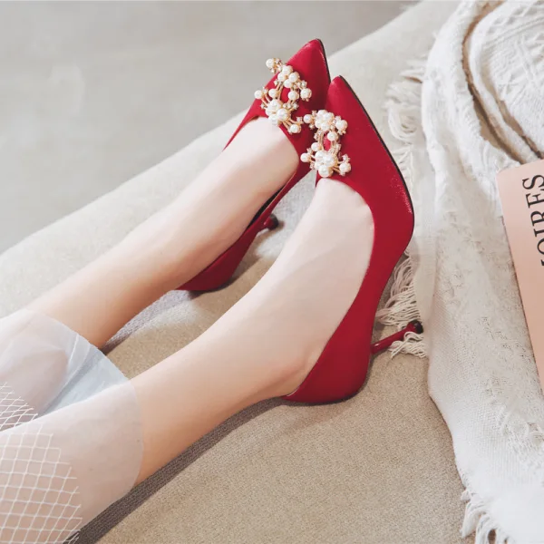 Chinese style Red Pearl Wedding Shoes 2020 Rhinestone 8 cm Stiletto Heels Pointed Toe Wedding Pumps
