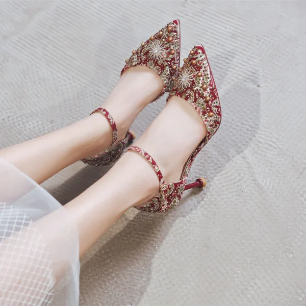 Schick Chinesischer Stil Rot Brautschuhe 2020 Knöchelriemen Perle Strass 8 cm Stilettos Spitzschuh Hochzeit Hochhackige