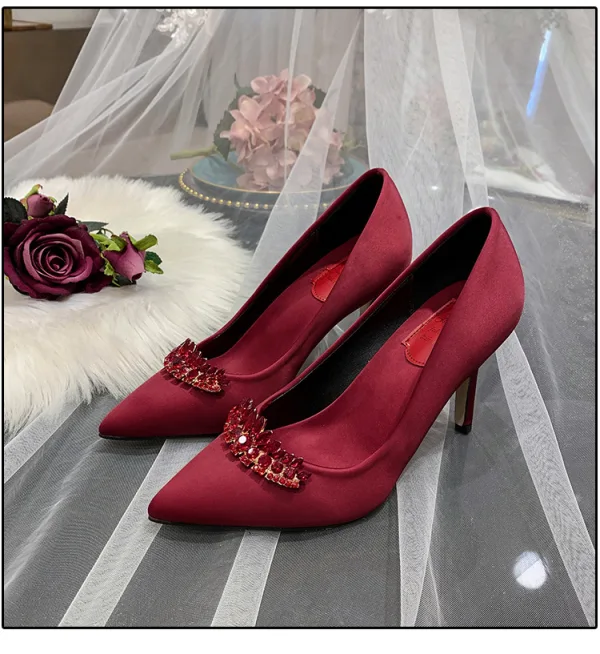 Mode Ivoire Faux Diamant Chaussure De Mariée 2020 Satin 9 cm Talons Aiguilles À Bout Pointu Mariage Escarpins