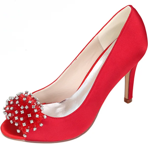Elegancka Szampan Na Wesele Buty Ślubne 2020 Satyna Rhinestone 9 cm Szpilki Peep Toe Ślub Czółenka