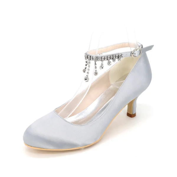 Stijlvolle Witte Bruidsschoenen 2020 Satijn Rhinestone Enkelband 6 cm Naaldhakken / Stiletto Spitse Neus Huwelijk Pumps