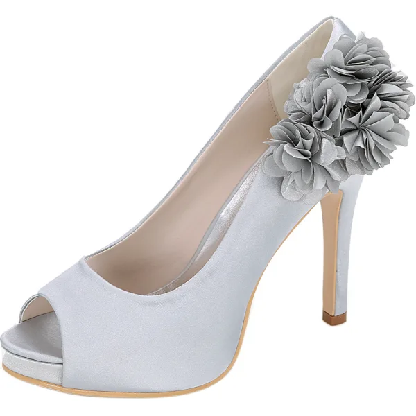 Elegant Ivory Prom Pumps 2020 Satin Appliques 11 cm Stiletto Heels Open / Peep Toe Pumps