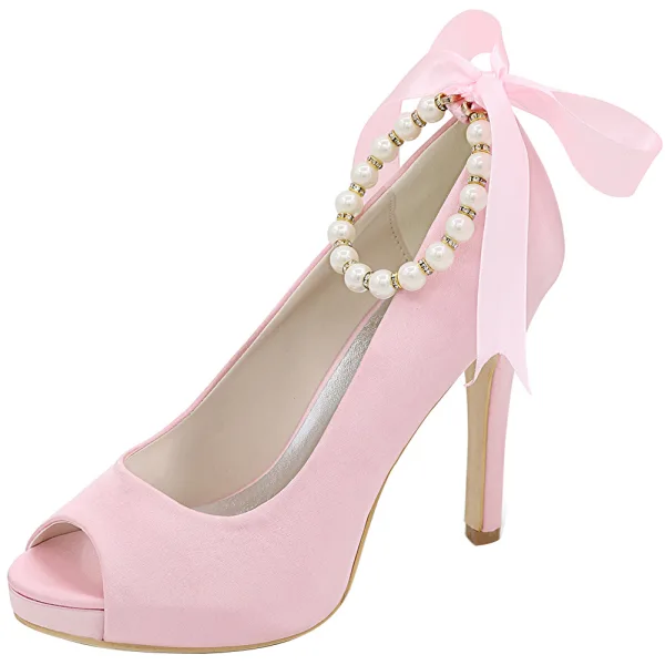 Edles Champagner Abend Satin Pumps 2020 Schleife Perle Knöchelriemen 11 cm Stilettos Peeptoes Pumps