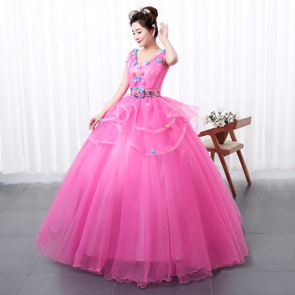 Flower Fairy Fuchsia Prom Dresses 2020 Ball Gown V-Neck Appliques Sleeveless Backless Floor-Length / Long Formal Dresses