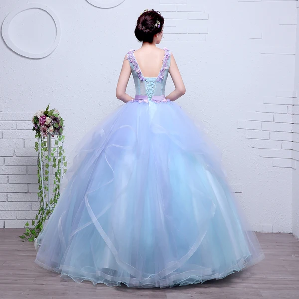 Charming Flower Fairy Sky Blue Prom Dresses 2020 Ball Gown V-Neck Pearl Lace Flower Appliques Sleeveless Backless Cascading Ruffles Floor-Length / Long