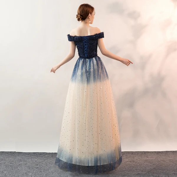 Fashion Gradient-Color Navy Blue Evening Dresses 2020 A-Line / Princess Off-The-Shoulder Lace Sequins Sleeveless Backless Floor-Length / Long Formal Dresses
