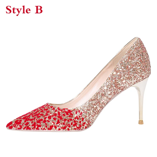 Glitzernden Charmant Gold Rot Farbverlauf Brautschuhe 2020 Glanz Pailletten 10 cm Stilettos Spitzschuh Hochzeit Pumps