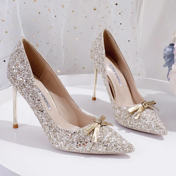 Błyszczące Szampan Buty Ślubne 2020 Kokarda Cekiny 10 cm Szpilki Szpiczaste Ślub Czółenka